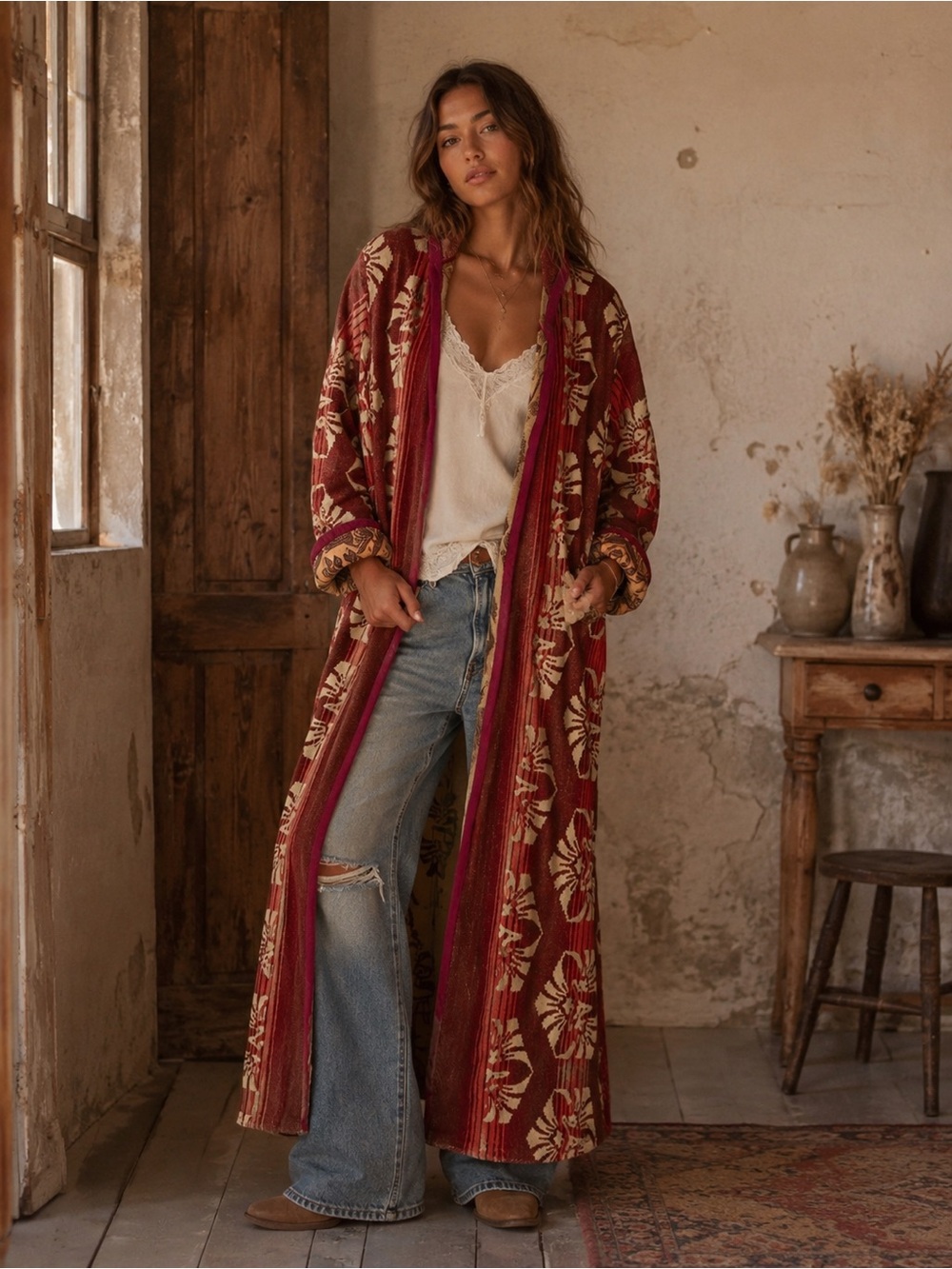 Boho Print Longline Tapestry Duster Robe Cardigan Coat Heavyweight OS